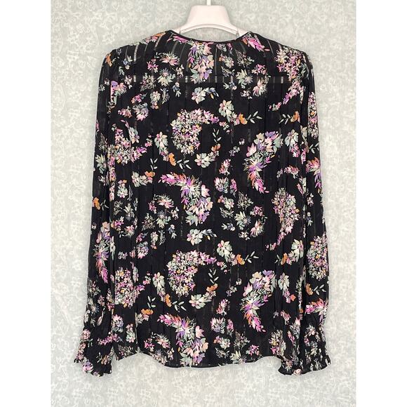 Rebecca Taylor Black Silk Floral Bouquet Keyhole Neck Long Sleeve Top Size 8 - Picture 7 of 11
